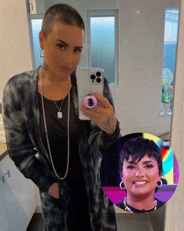 demi-lovato-mudanca-cabelo Demi Lovato de cabelo raspado em frente ao espelho