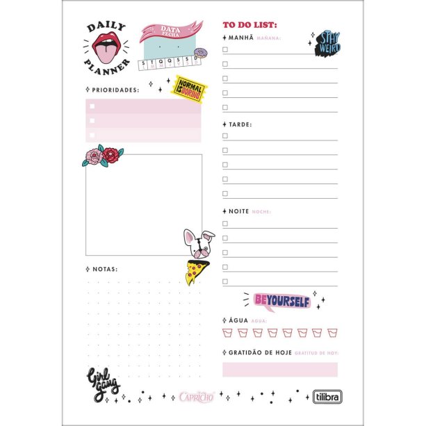 Bloco Planner diário 80 folhas <a href="https://www.tilibraexpress.com.br/bloco-planner-diario-80-folhas-capricho-permanente">CAPRICHO para Tilibra</a> (R$ 13,90*).