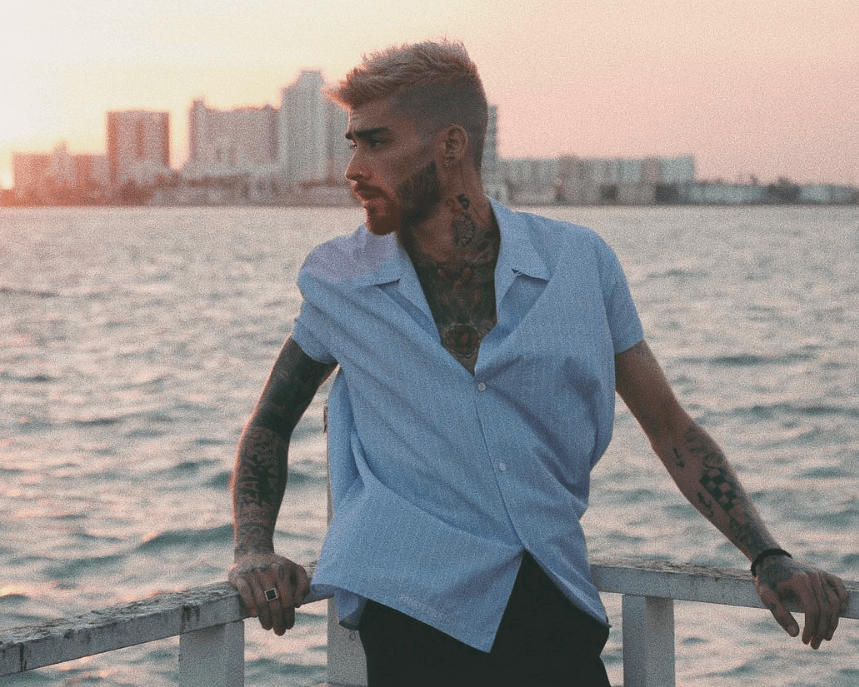 Zayn posando para foto em frente ao mar olhando para o lado