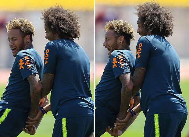 Neymar e Marcelo durante treino na Rússia Neymar e Marcelo durante treino na Rússia