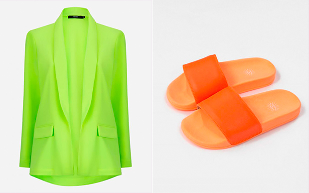 Blazer verde néon da AMARO e chinelo slide laranja da Ziovara