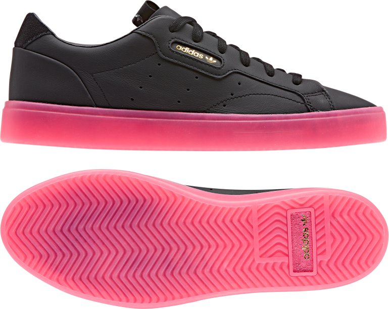 Tênis sleek Adidas com sola rosa néon (R$ 299,99*). Tênis sleek Adidas com sola rosa néon (R$ 299,99*).