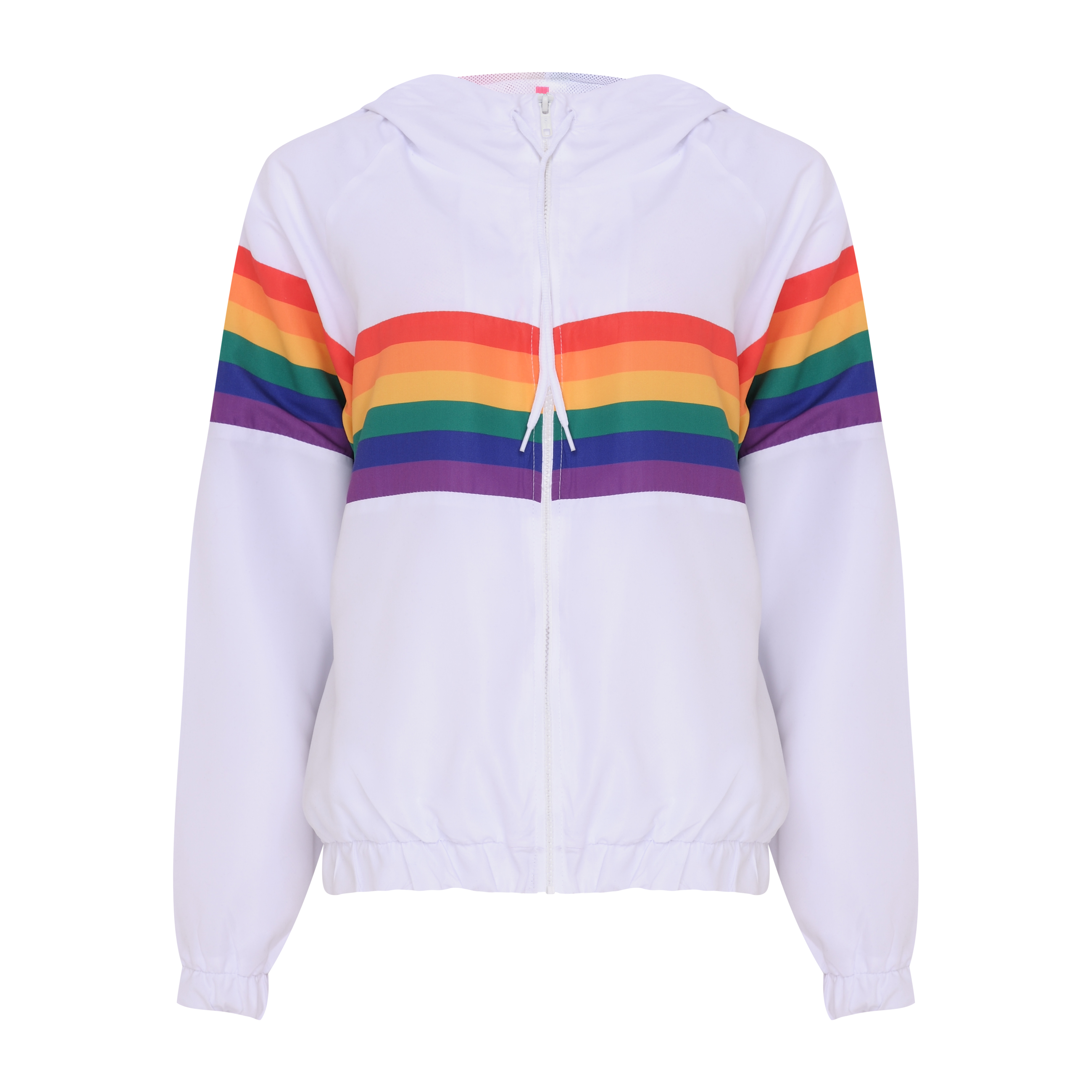 CEA_jaqueta corta vento feminina pride arco-íris com capuz branca_R9.99