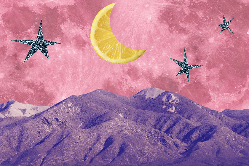 ilustração de estrela, montanha e lua em formato de laranja