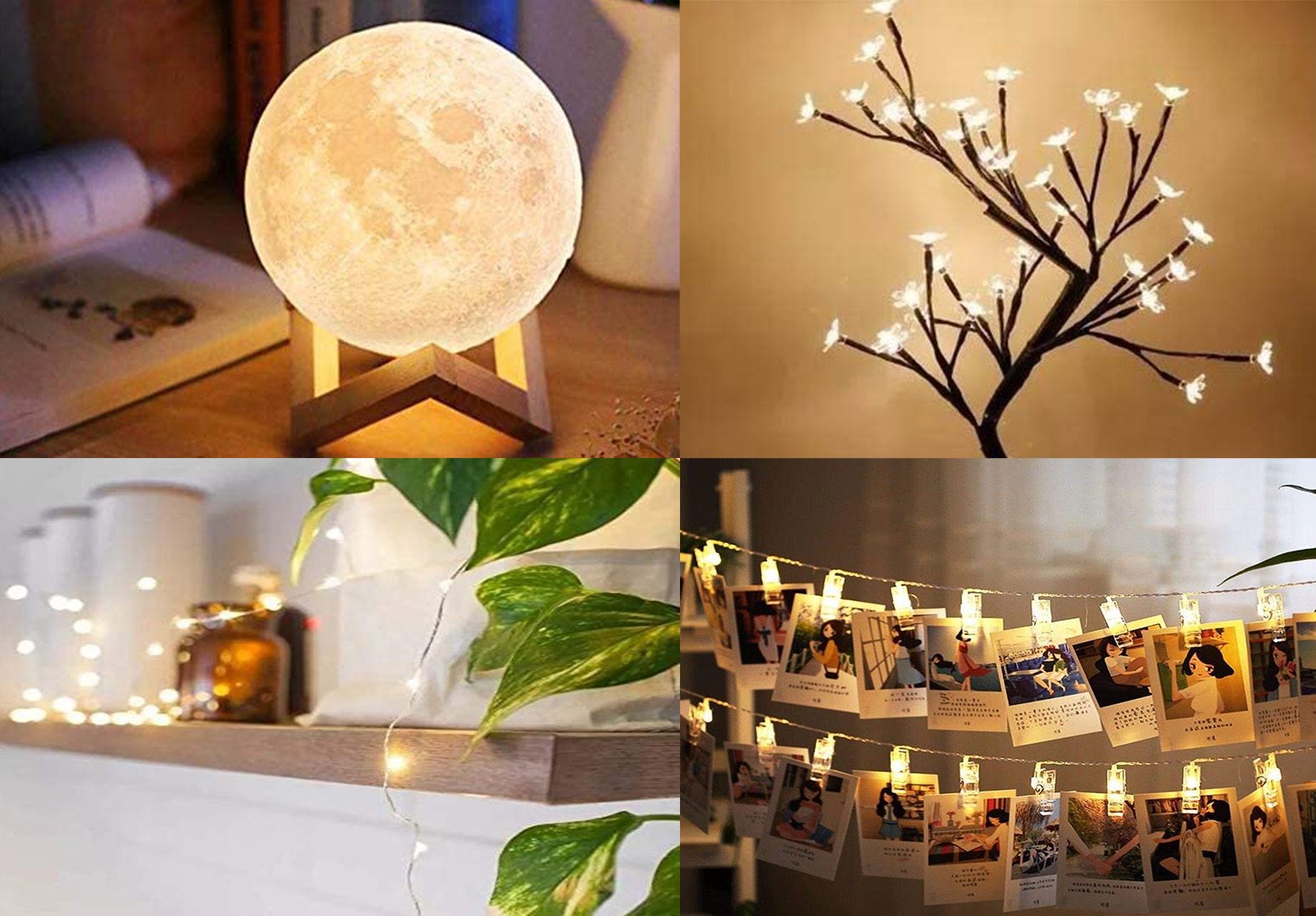 luminarias_amazon A imagem mostras quatro tipos de luminárias, uma em formato de lua, outra em formato de árvore de cerejeira, outra de luzes de led e outra feita de um varal de fotos com pregadores iluminados.