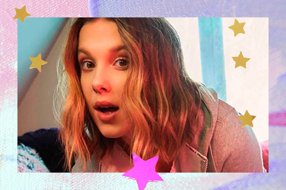 Millie Bobby Brown olhando para câmera com expressão de surpresa