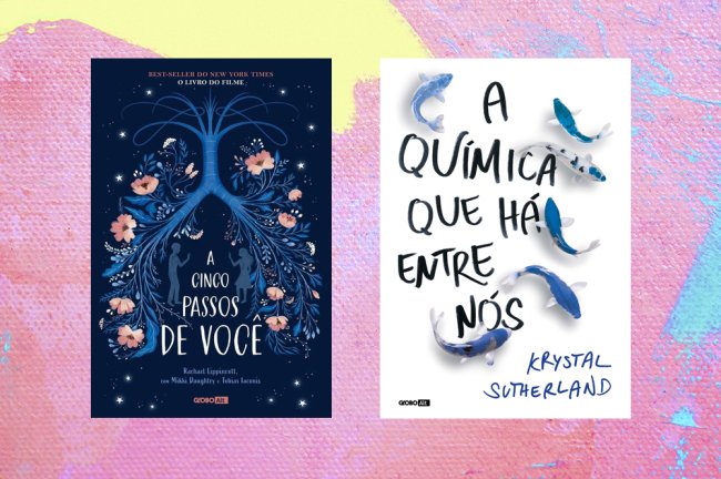 livros que viraram filmes 2 Capas dos livros A Cinco Passos de Você e A Química que Há Entre Nós em um fundo de textura nas cores rosa, amarelo e azul