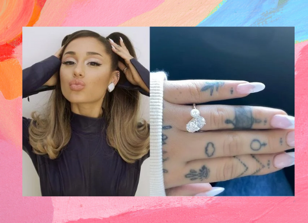 ariana-grande-anel Montagem com foto da Ariana Grande à esquerda, em que ela está fazendo bico, usando uma blusa preta e as duas mãos na cabeça, e foto de sua mão com anel de noivado de pérolas e diamantes à direita.