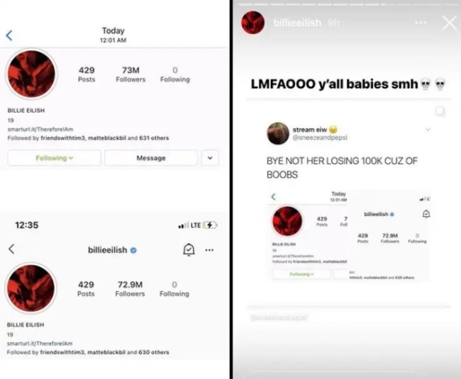 billie-eilish-instagram Print da reação de Billie Eilish