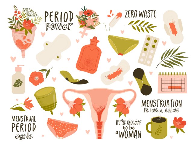 Menstruation theme. Period. Various feminine hygiene products. Zero waste objects. Panties, pads, cups. Menstrual protection, feminine hygiene. Hand drawn vector illustration. Everything is isolated. Menarca: saiba o que é, quando acontece e o que muda no corpo