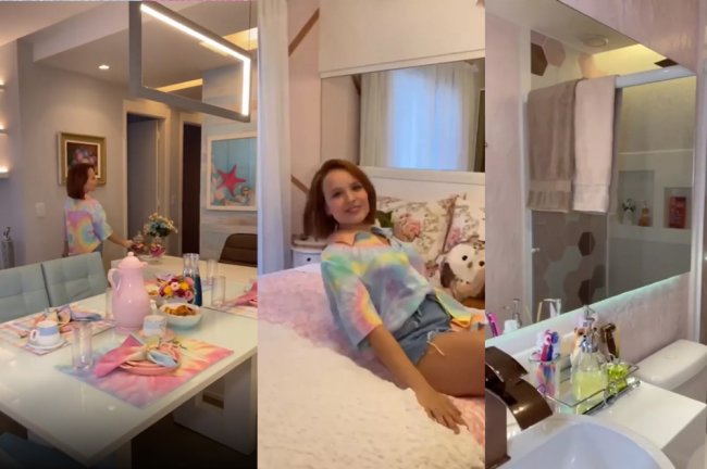 novo-apartamento-larissa-manoela-rio-de-janeiro2 Mesa de jantar e mesa de escritório do apartamento; Larissa em sua cama; Banheiro do quarto