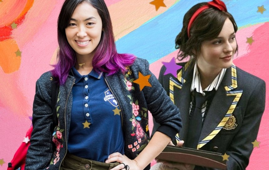 Montagem com Tina, de Malhação, e Blair, de Gossip Girl. As duas usam uniformes escolares