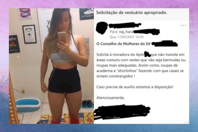 montagem mostra mulher em pé, fazendo uma foto com celular na mão, e print da carta enviada pelas vizinhas com nomes apagados