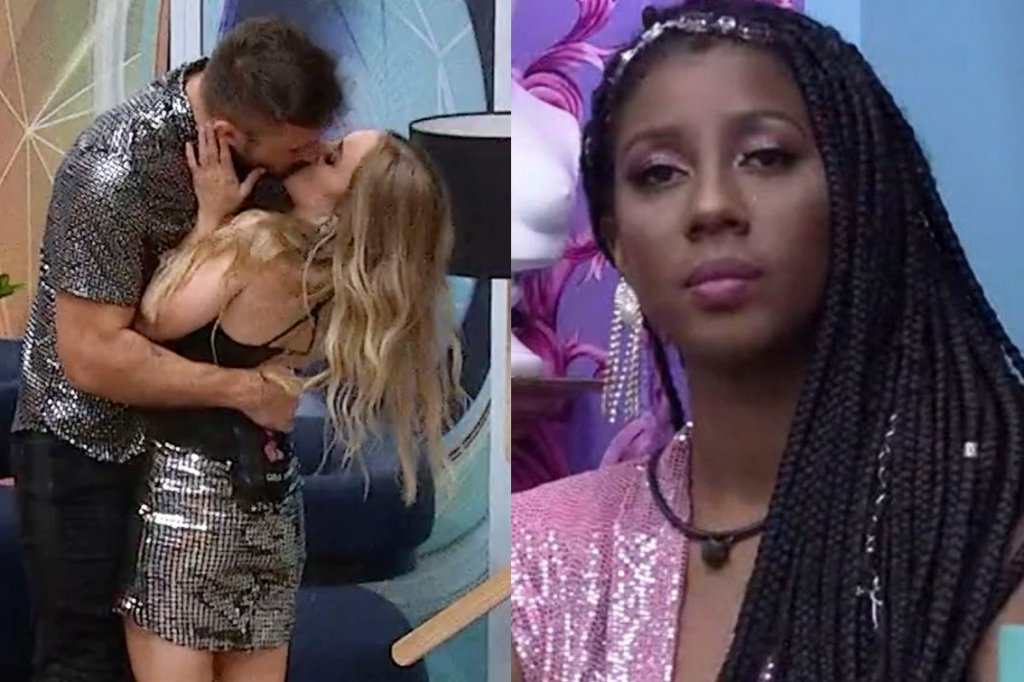 Montagem mostra Carla Diaz e Arthur se beijam no BBB21 e Camilla de Lucas olhando com reprovação