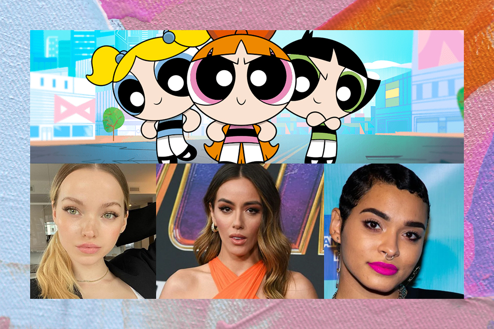 montagem mostra uma imagem das Meninas Superpoderosas e das atrizes Dove Cameron, Chloe Bennet e Yana Perrault