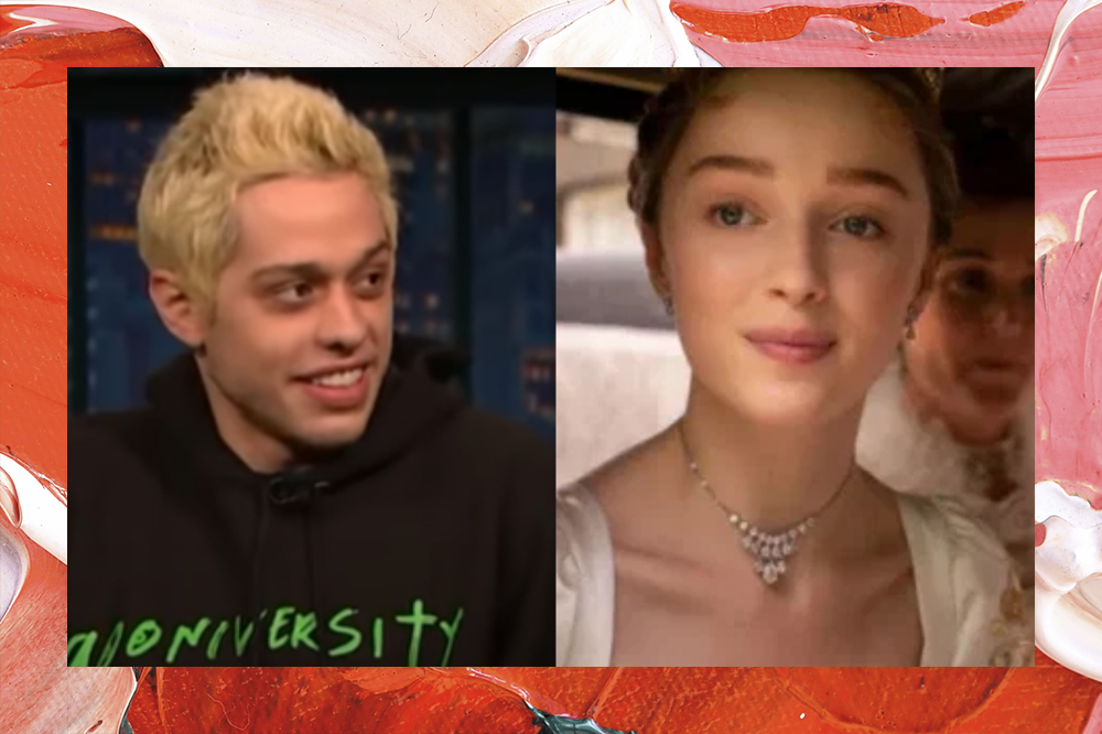 Montagem com uma imagem do Pete Davidson e outra de Phoebe Dynevor interpretando Daphne Bridgerton na série "Bridgerton"