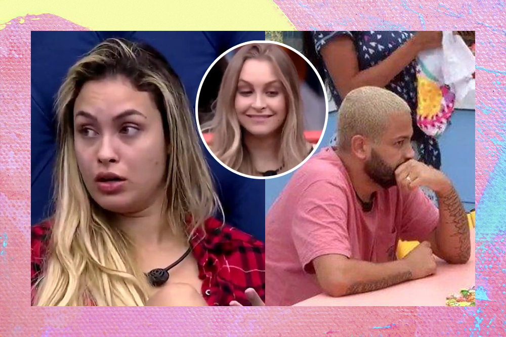 montagem mostra Sarah com expressão de espanto, Carla Diaz sorrindo e Projota com a mão na boca e semblante de preocupação