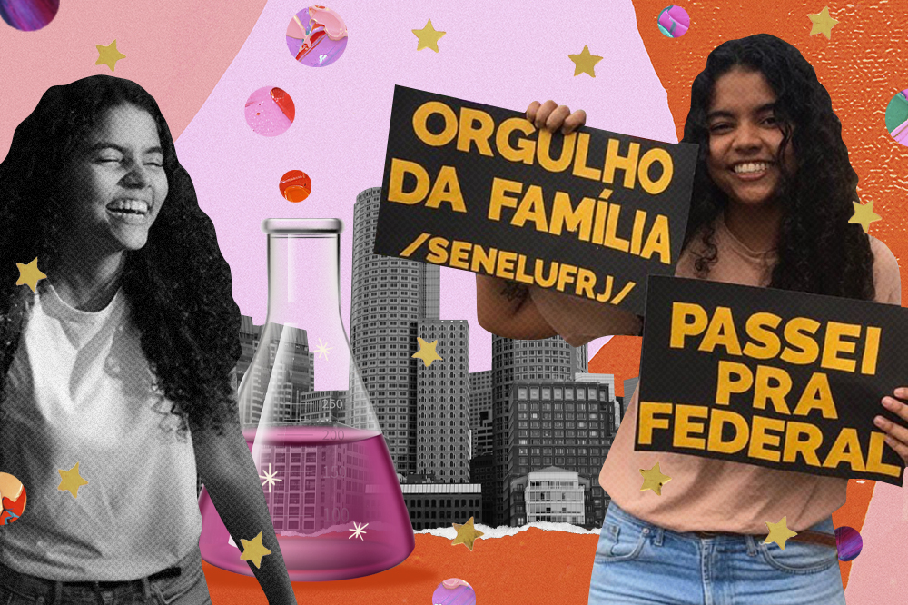 colagem mostra fotos de Thamiris. Numa delas, ela segura duas placas que trazem as frases "orgulho da família SENELUFRJ" e "passei na federal"