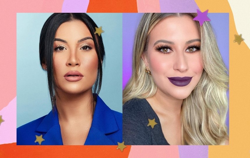 Montagem com a influenciadora Bianca Andrade a esquerda em fundo azul com blazer azul, e do lado direito Niina Secrets com batom roxo e camisa cinza.