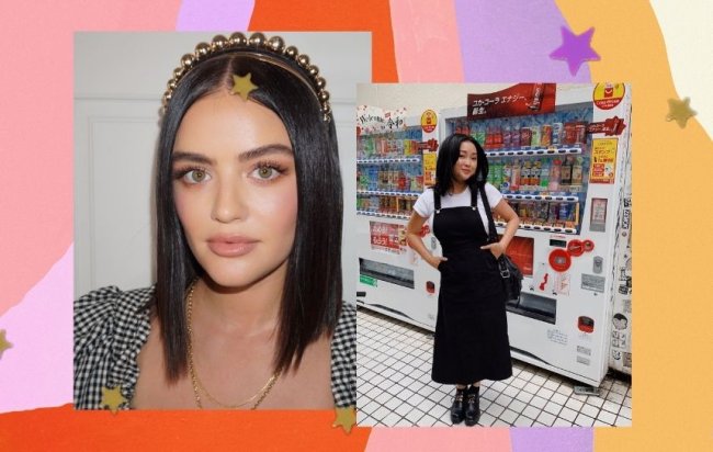 Montagem com Lucy Hale a direita com corte médio usando tiara, a esquerda Lana Condor com jardineira preta e camiseta branca mostrando seu corte médio no mercado.