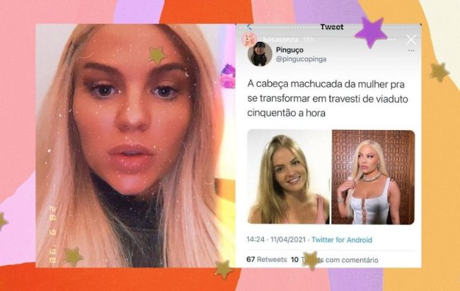 Montagem com Luísa Sonza a esquerda, close em seu rosto, print de seu instagram stories, Luísa aparece com peruca loira e sem maquiagem. A direita print do twitter com comentário transfóbico que diz