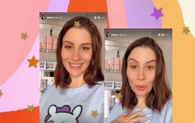 Stories Bianca Andrade Print da tela dos stories da influenciadora Bianca Andrade, na montagem podemos ver Bianca com cabelo curto e usando moletom azul bebe, atrás de Bianca temos prateleiras com os produtos de sua linha para cabelos.