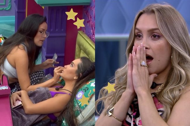 Juliette maquiando a Thais na cama do BBB21; Carla Diaz no Quarto Secreto fazendo cara de chocada