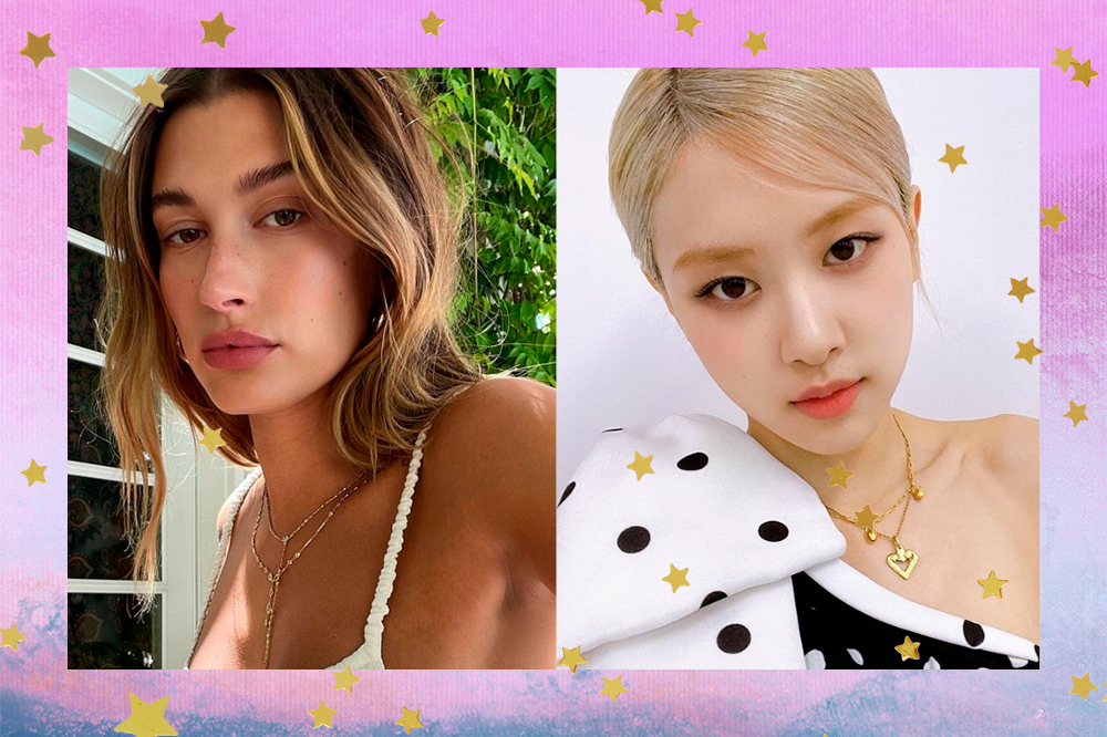 Montagem com uma foto da Hailey Bieber e uma da Rosé, do BLACKPINK. À esquerda, Hailey Bieber está com expressão facial séria, usando uma blusa de alcinha. À esquerda, Rosé está com expressão séria e uma blusa de um ombro só branca e preta com estampa de poá.