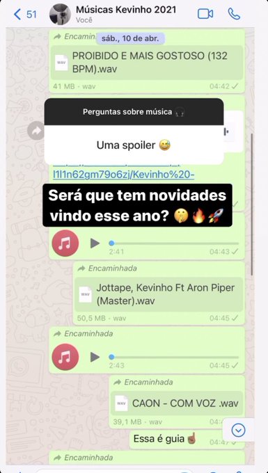KEVINHO ARON PIPER Print do Story de Kevinho; a tela mostra uma conversa de WhatsApp em um grupo com o nome