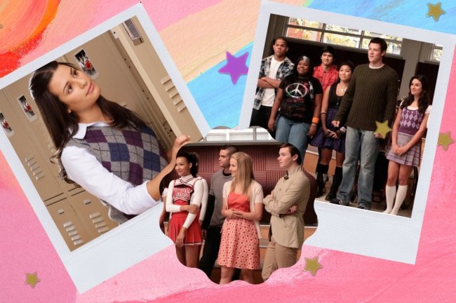Looks Glee Montagem com 3 fotos do seriado Glee. Na primeira a personagem Rachel Berry com expressão pensativa, na segunda parte do elenco e na terceira a parte final do elenco.