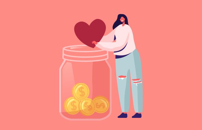 9 coisas que dá pra fazer com o dinheiro ao invés de mandar Pix pra ex-BBB Ilustração no fundo rosa de uma mulher de cabelo preto depositando em um cofrinho de vidro um coração e, automaticamente, esse coração vira moedinhas de ouro
