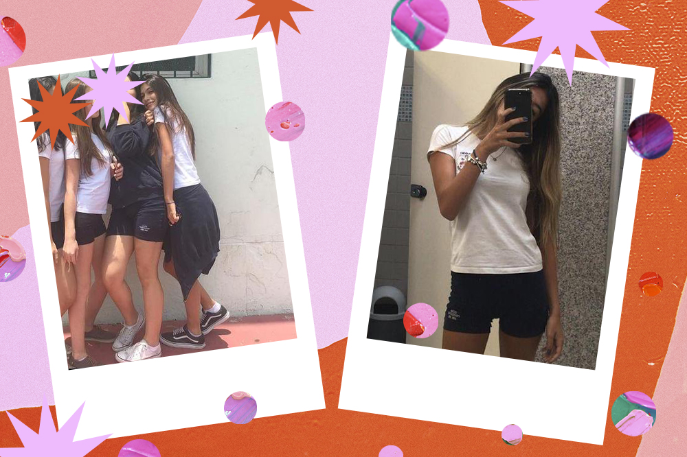 fernanda-concon-uniforme-escolar Montagem com duas fotos da atriz Fernanda Concon. À esquerda, ela está com camiseta branca do uniforme escolar, jaqueta pendurada na cintura e tênis. À direita, ela está com camiseta branca e shortinho da escola, tirando foto em frente ao espelho com o celular cobrindo o rosto.
