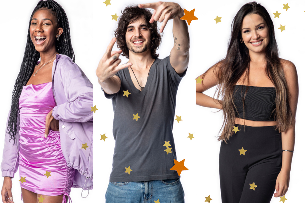 Montagem com fotos de Camilla de Lucas, Fiuk e Juliette posando para câmera em fundo branco com estrelas amarelas e laranja editadas na imagem como decoração; Camilla sorri com uma mão na cintura e a outra solta ao lado do corpo; Fiuk sorri e faz o símbolo do rock com as duas mãos; Juliette sorri com uma mão na cintura e outra solta ao lado do corpo