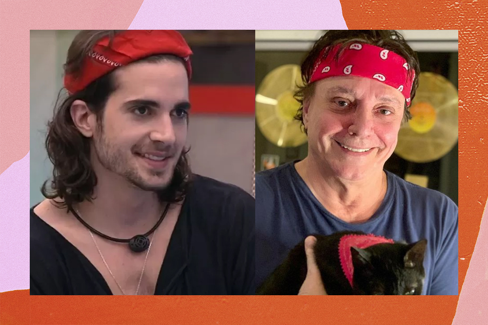 Montagem com imagem de Fiuk na esquerda utilizando uma bandana vermelha e Fábio Jr. na direita também com uma bandana vermelha na cabeça.