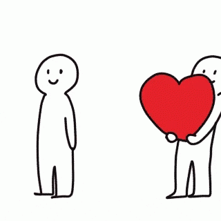 24 coisas que só quem se apaixona muito depressa vai entender Ilustração de uma pessoinha entregando um coração vermelho para a outra que o joga no chão e ainda chuta os pedaços