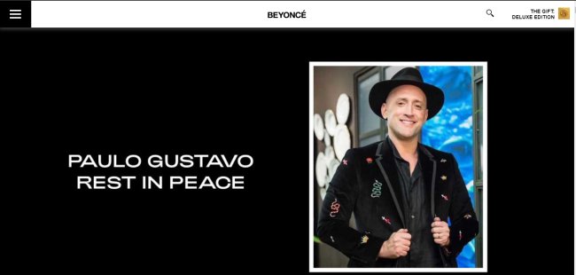 homenagem-beyonce-paulo-gustavo Captura da página inicial do site da cantora Beyoncé com a foto de Paulo Gustavo ao lado dos dizeres