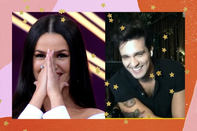 juliette-luan-santana-morena-bbb21 Montagem com foto de Juliette com as duas mãos juntas no rosto ao lado de uma imagem de Luan Santana, sorrindo, durante uma chamada de vídeo.