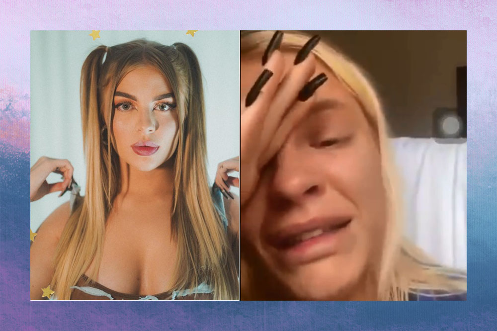 Montagem com imagem de Luísa Sonza na esquerda com uma mão no ombro e da direita ela com a mão no rosto,chorando