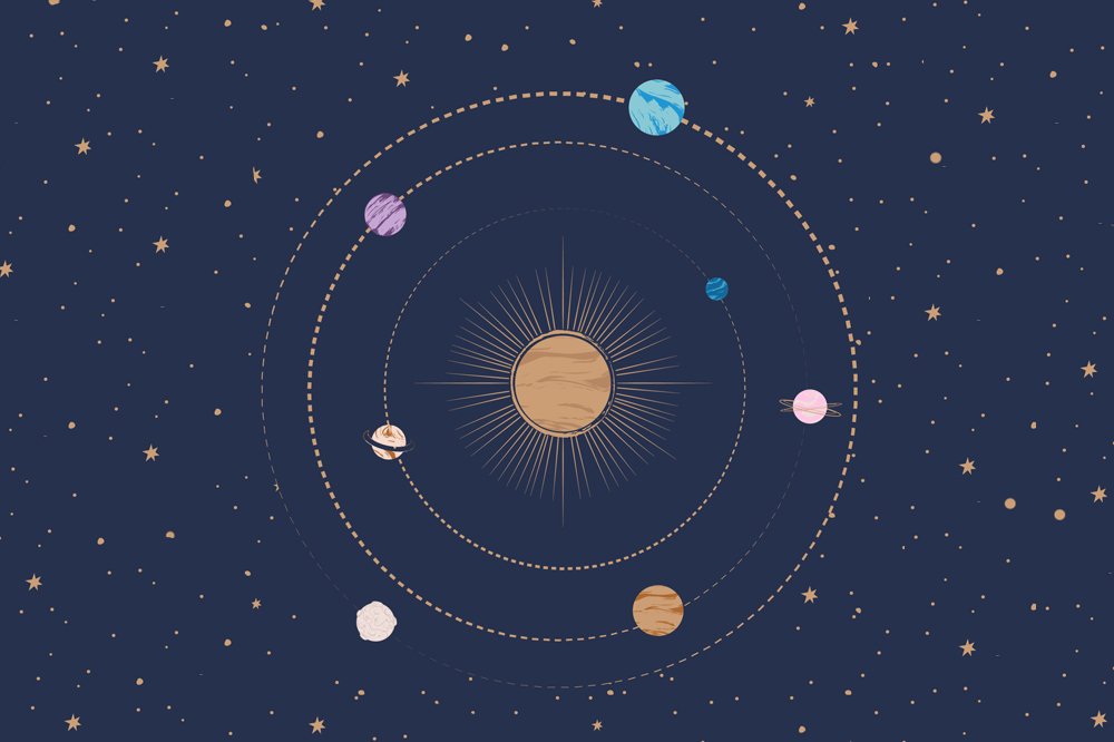 Ilustração dos planetas do zodíaco sobre um fundo azul escuro. Os planetas são coloridinhos e estão todos as redor do Sol.