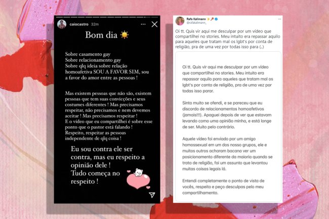 Não há respeito diante de “opiniões” preconceituosas que ferem existências Print de publicações feitas por Caio Castro (no Instagram) e Rafa Kalimann (no Twitter) sobre comentários homofóbicos feitos por eles