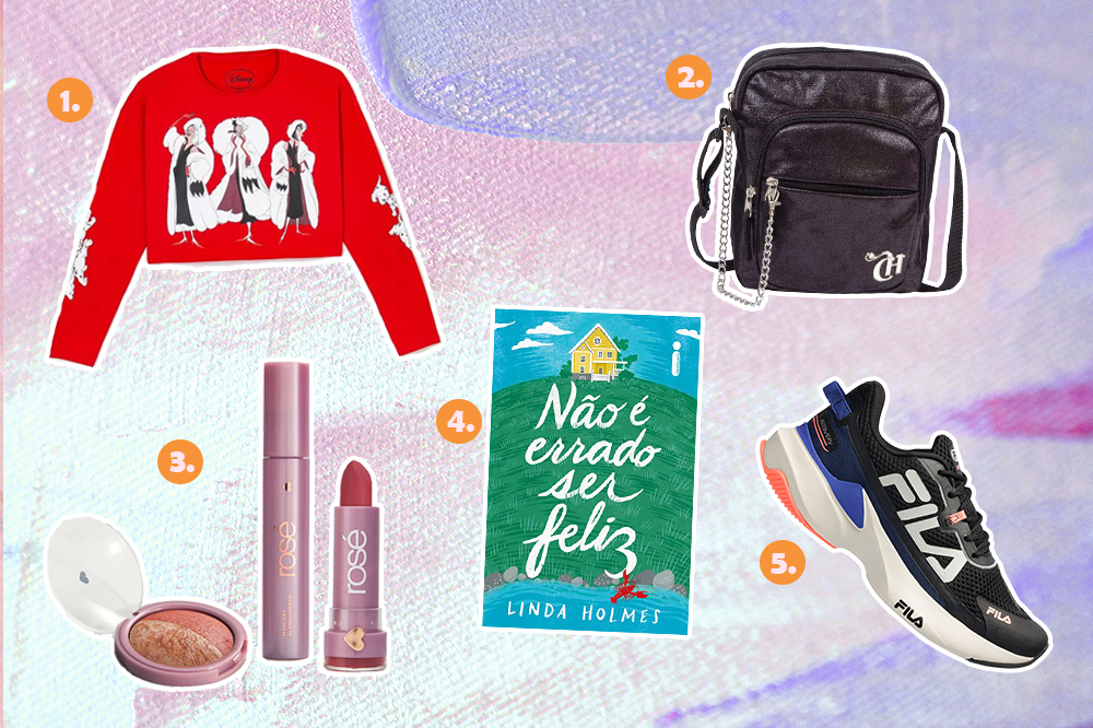 presentes-dia-dos-namorados-01 Montagem com cinco sugestões de presentes para o Dia dos Namorados. Tem blusa de manga longa da Cruella, bolsa preta, kit de maquiagem, livro e tênis.