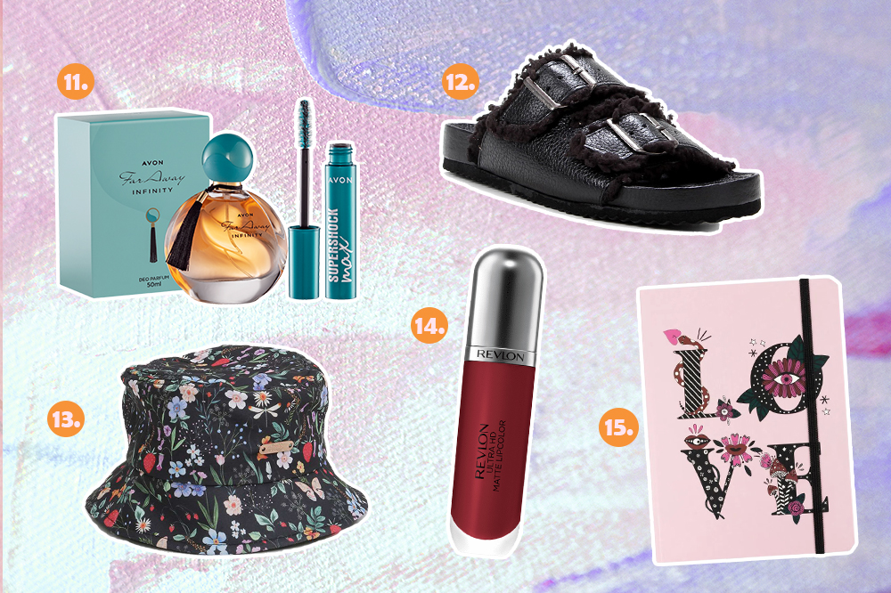 presentes-dia-dos-namorados-03 Montagem com cinco sugestões de presentes para o Dia dos Namorados. Tem kit de maquiagem, rasteirinha slide, bucket hat, batom líquido e caderneta.