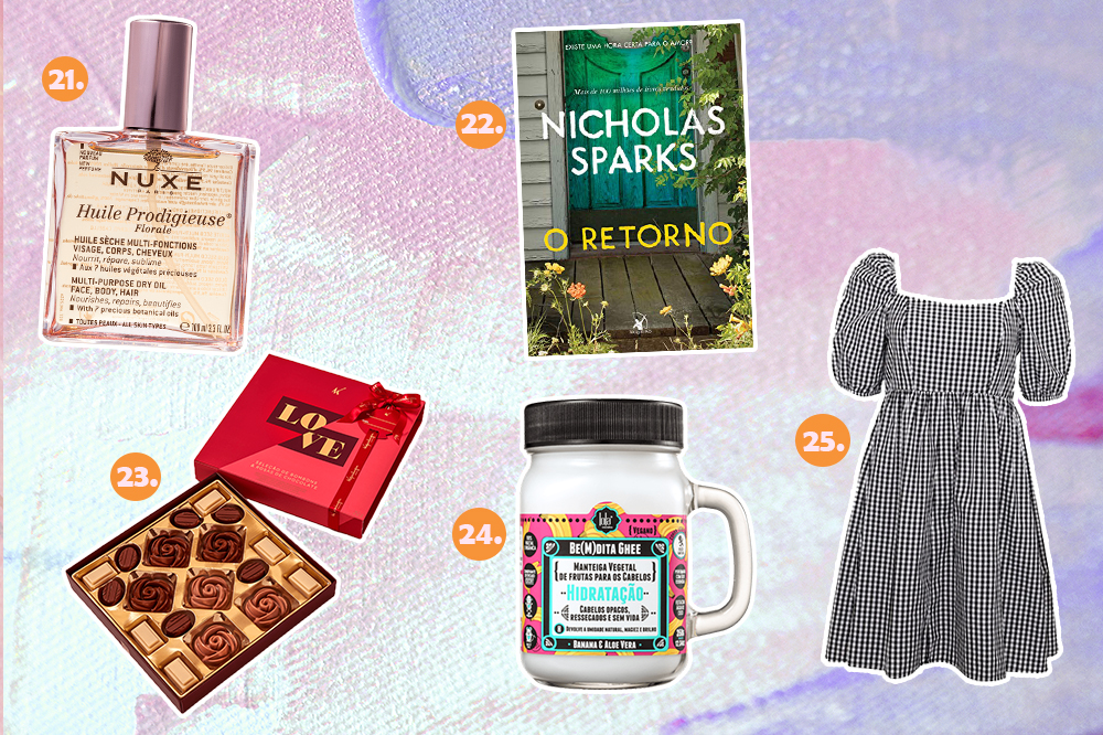 presentes-dia-dos-namorados-05 Montagem com cinco sugestões de presentes para o Dia dos Namorados. Tem óleo corporal, livro, caixa de bombons, hidratante capilar e vestido xadrez vichy preto e branco.