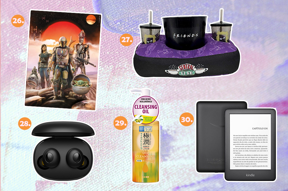 presentes-dia-dos-namorados-06 Montagem com cinco sugestões de presentes para o Dia dos Namorados. Tem quebra-cabeças do Star Wars, kit de colocar pipoca de Friends, fone de ouvido sem fio, removedor de maquiagem em óleo e kindle.
