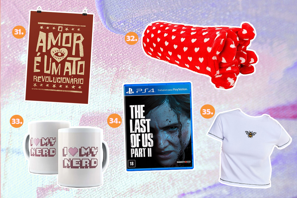 presentes-dia-dos-namorados-07 Montagem com cinco sugestões de presentes para o Dia dos Namorados. Tem pôster, cobertor, caneca, jogo de videogame e camiseta.