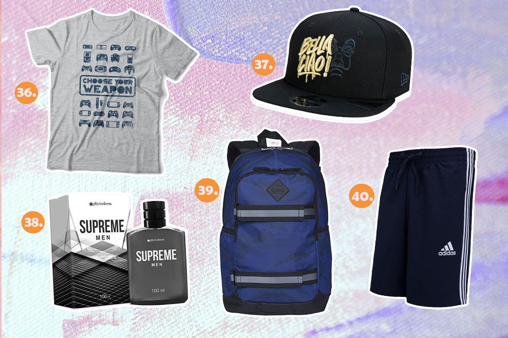 presentes-dia-dos-namorados-08 Montagem com cinco sugestões de presentes para o Dia dos Namorados. Tem camiseta de videogame, boné de La Casa de Papel, perfume, mochila azul e short da Adidas masculino.