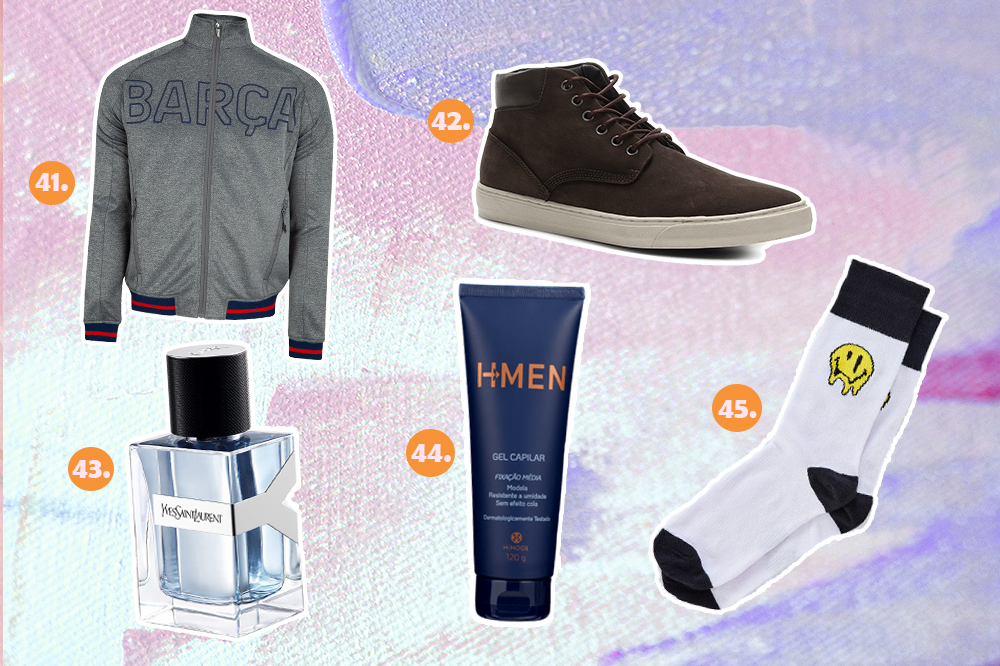 presentes-dia-dos-namorados-09 Montagem com cinco sugestões de presentes para o Dia dos Namorados. Tem jaqueta do Barcelona, tênis botinha masculino, perfume masculino, gel de cabelo e meia com carinha feliz.