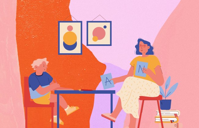 Síndrome de Asperger: o que é, sintomas, causas e tratamento Ilustração de uma psicológica atendendo um garotinho e mostrando para ele algumas letras, como a