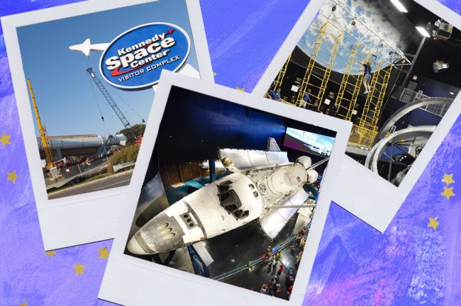 17 viagens que todo nerd vai querer fazer no pós-pandemia Montagem sobre fundo azul com fotos do Kennedy Space