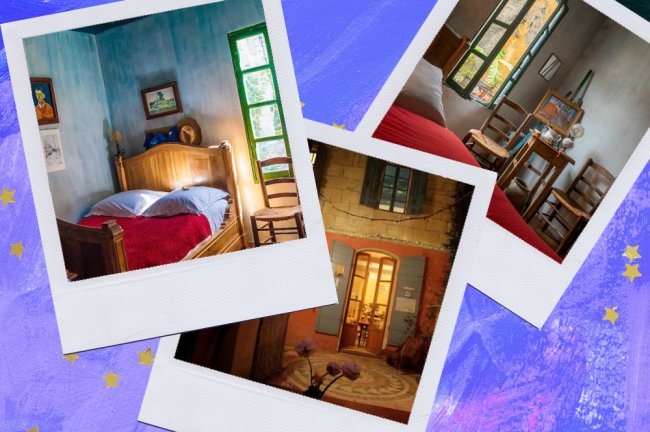 17 viagens que todo nerd vai querer fazer no pós-pandemia Montagem sobre fundo azul com fotos do quarto tematizado do Van Gogh